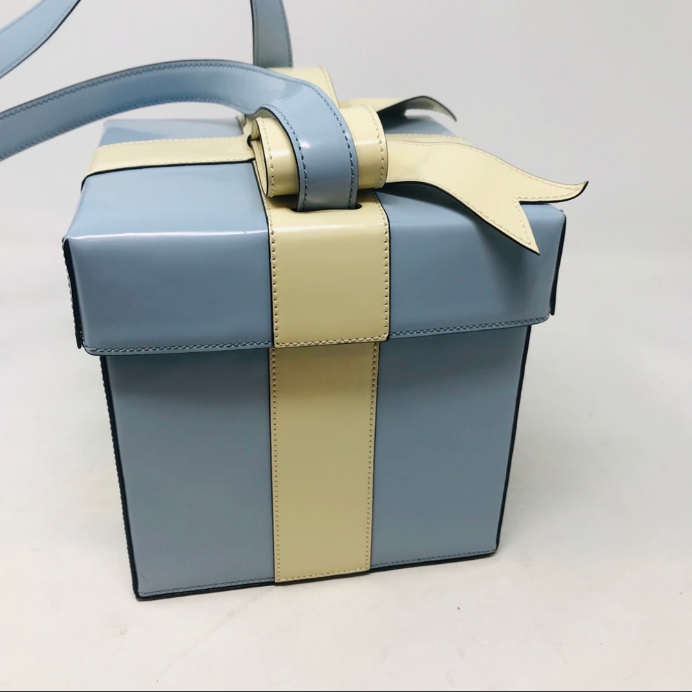 Moschino Vintage Leather Bow Bag Blue Cream - Picture 2 of 8